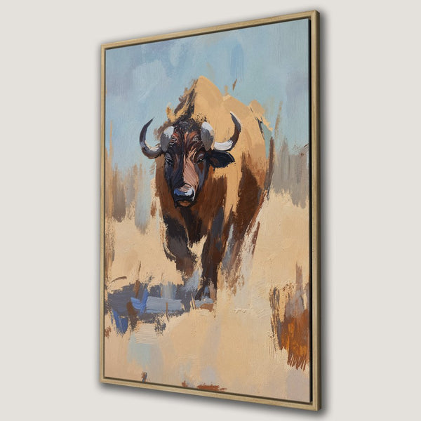 Framed Wall Art: Impasto painting of a bison in warm tones. Add a touch of the wild to your home with this stunning canvas print!