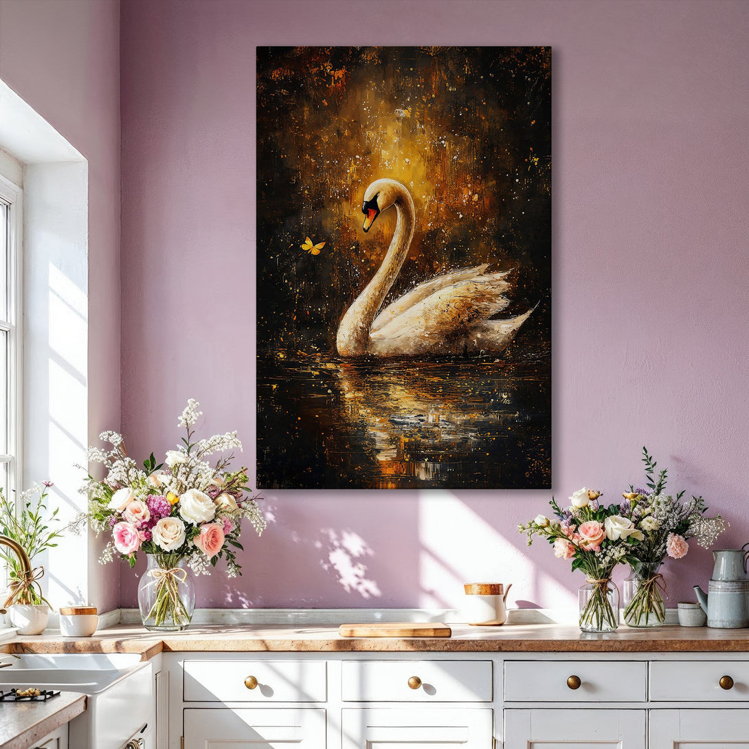 Framed Wall Art: Elegant swan painting in a gold and black palette. Enhance your home decor with this stunning canvas print, perfect for living rooms.