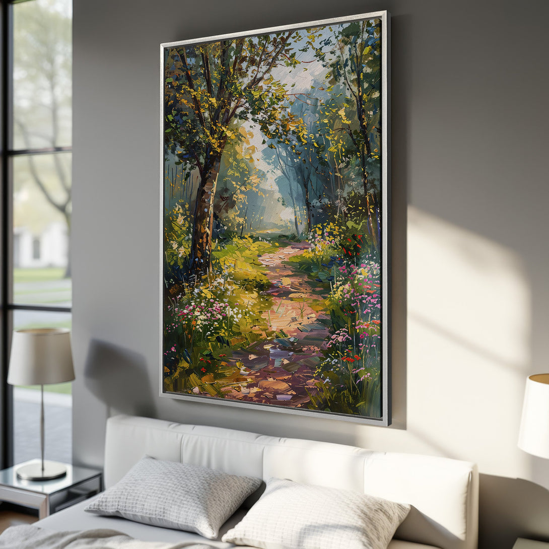 Framed Wall Art: Impressionist forest path canvas print. Lush greens, yellows, and pinks create a vibrant, nature-inspired artwork for your home decor.