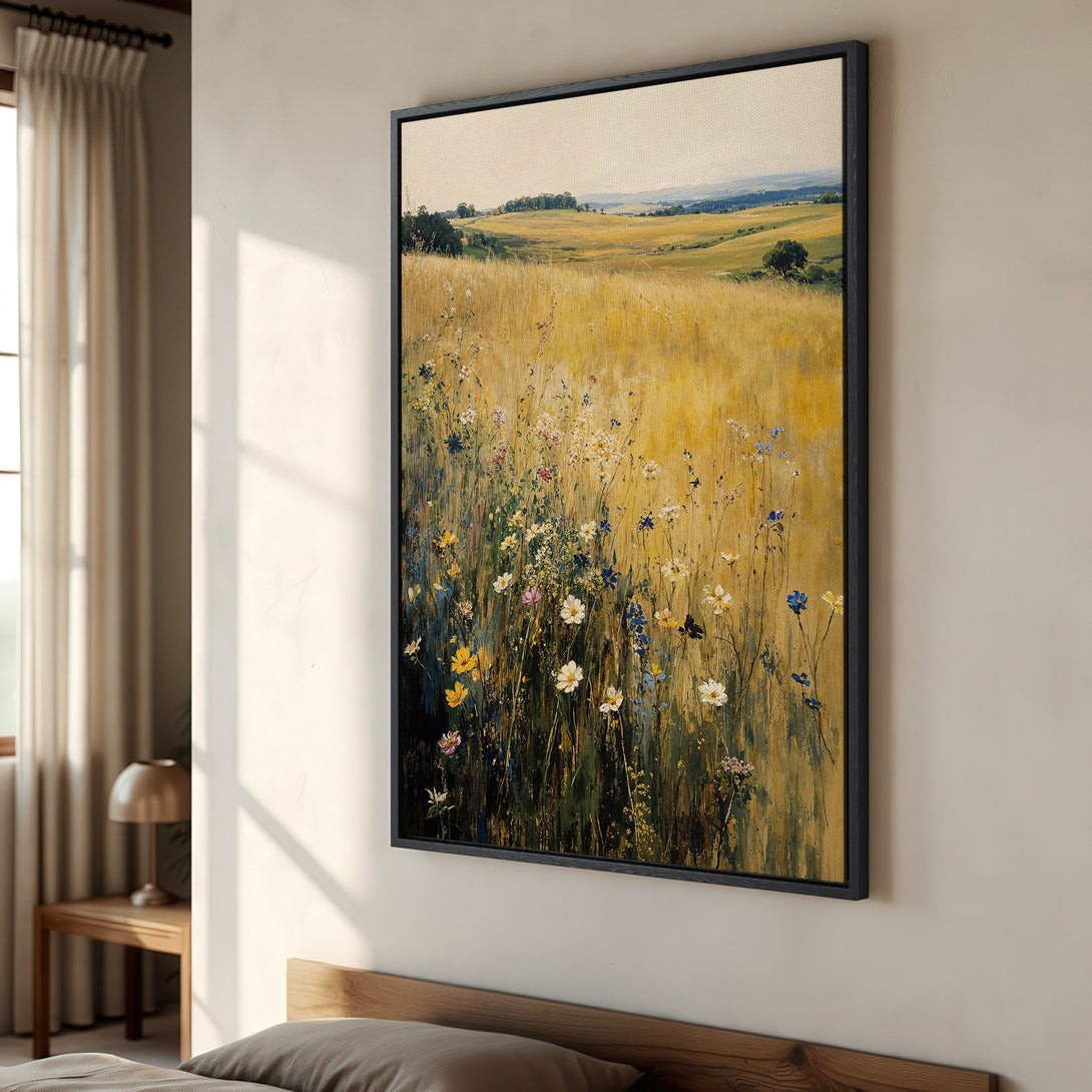 Framed Wall Art: Serene landscape Canvas Print with a field of wildflowers. Warm yellow and green tones create a calming, nature-inspired aesthetic.