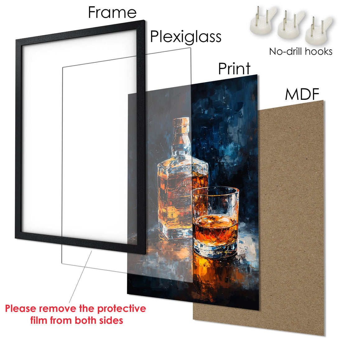 Framed Poster: Whiskey art print in a black frame, featuring a rich blue and orange palette. Ready to hang!