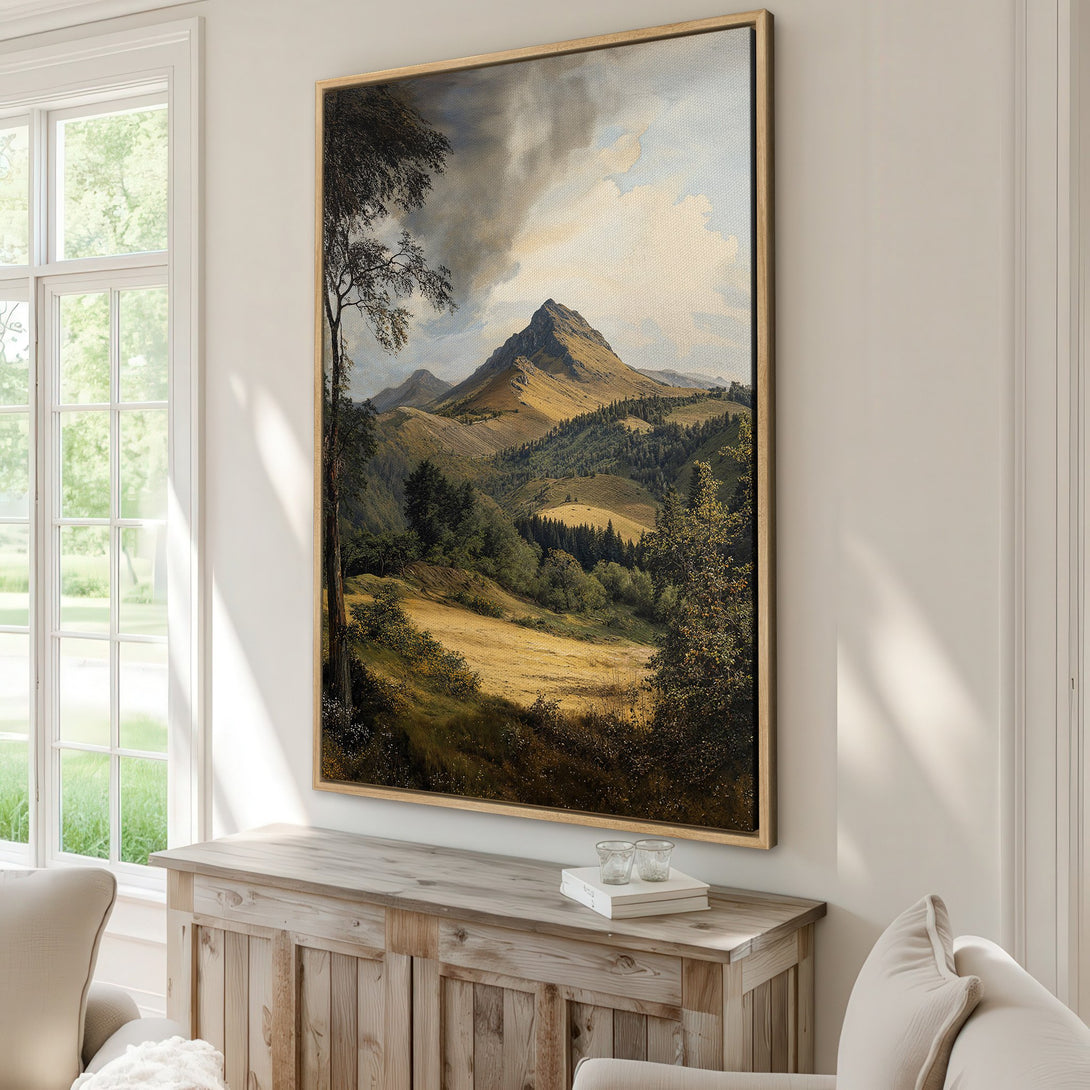 Framed Wall Art of a mountain landscape in a classic style with a warm, earthy color palette. Perfect for adding a touch of nature to your home.