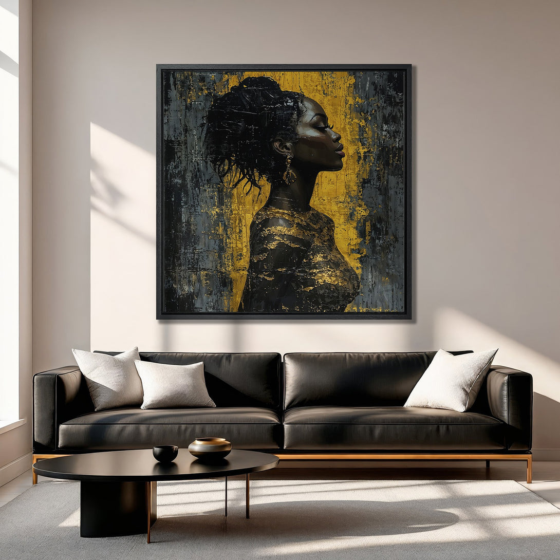 Framed Wall Art: Abstract portrait of a woman in black and gold, displayed in a modern living room. Add a touch of elegance to your home!