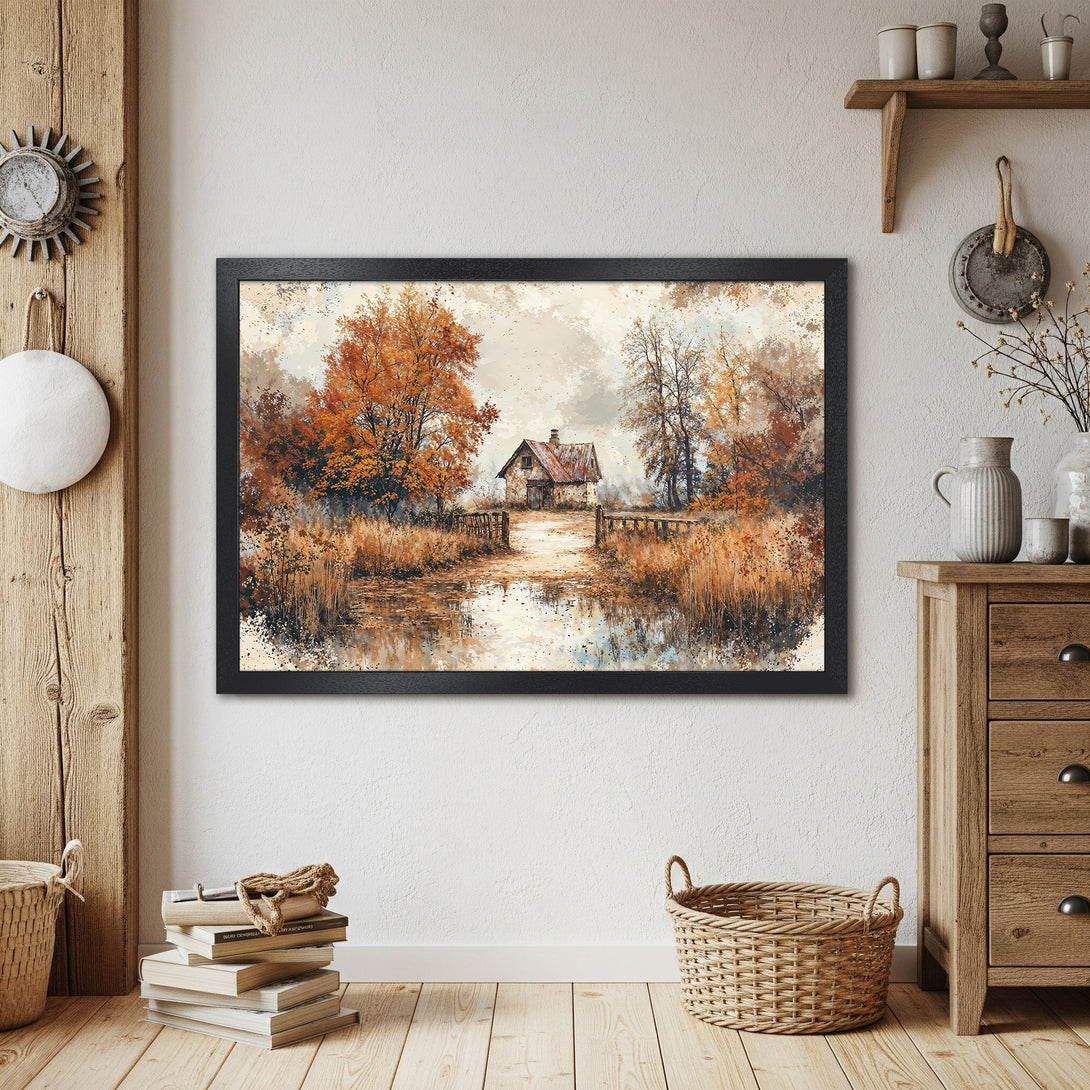 Framed Poster featuring a rustic landscape painting with warm autumn colors. Perfect for adding a cozy touch to your home decor.