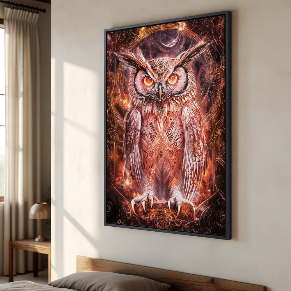 Framed Wall Art: Majestic owl canvas print in fiery orange and gold tones. Add mystical art to your home decor!