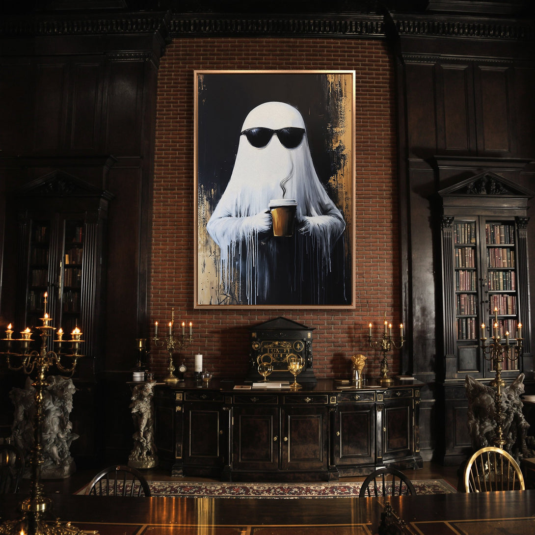 Framed Wall Art: Cool ghost art with coffee, modern style, black, white, and gold color palette. Perfect for adding a unique touch to your home decor.