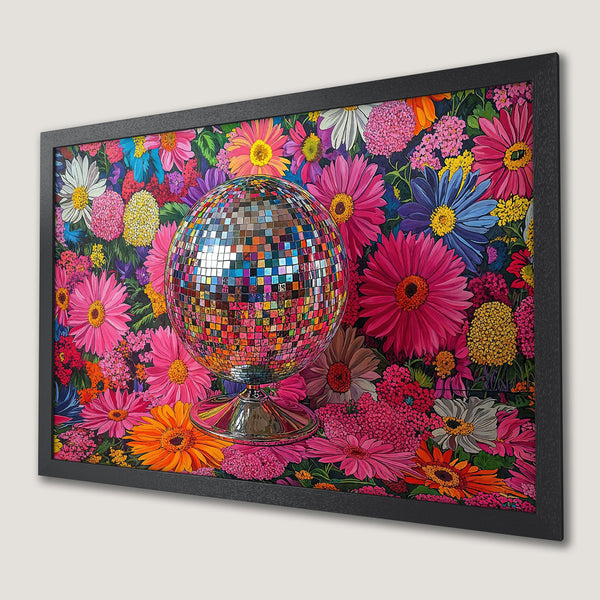 Framed Poster featuring a disco ball and floral design in vibrant, colorful hues. Add a pop of fun to your space!