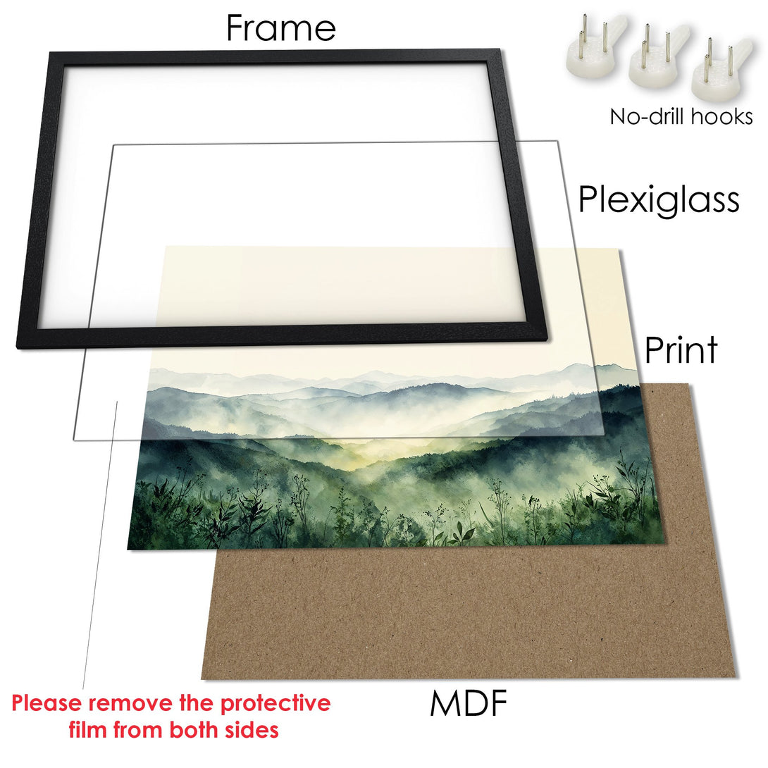 Framed Poster featuring a serene watercolor landscape in shades of green and blue. Perfect wall art for your home!