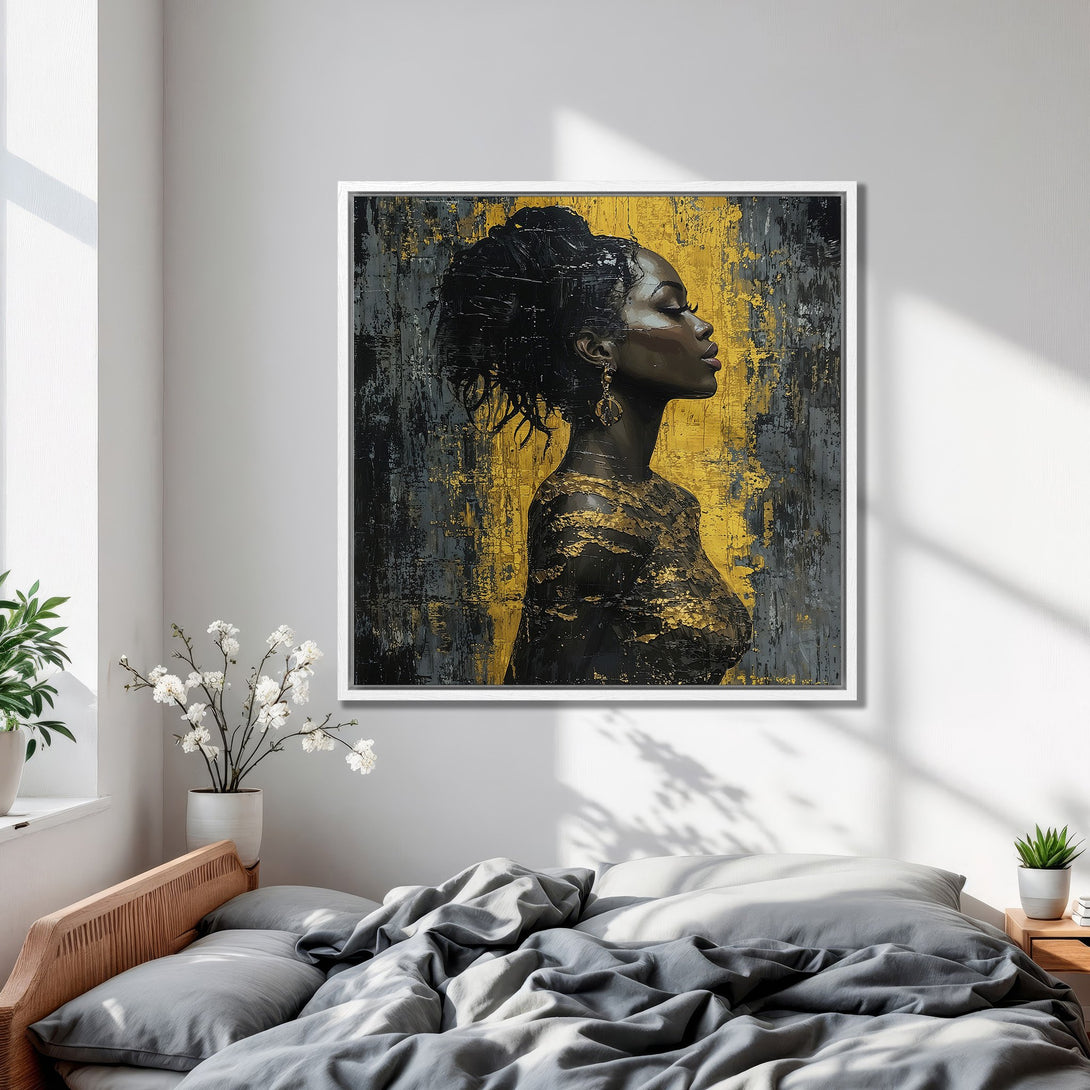 Framed Wall Art: Abstract portrait of a woman with gold accents. Modern art in black, gray, and gold color palette. Add elegance to your home!