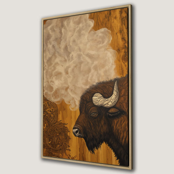 Framed Wall Art: Majestic bison portrait in warm earth tones. Rustic style Canvas Print for a cozy, nature-inspired home decor.