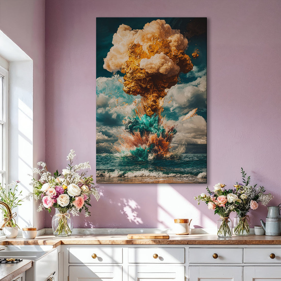 Framed Wall Art featuring a dramatic ocean explosion in a gold, teal, and beige color palette, perfect for modern home decor.
