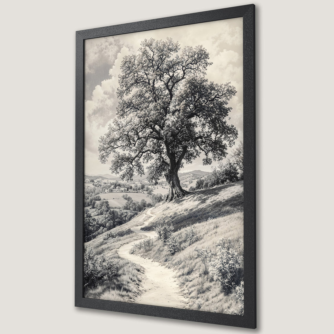 Framed Poster featuring a majestic tree on a hillside. Vintage style, monochrome color palette. Perfect for home decor.