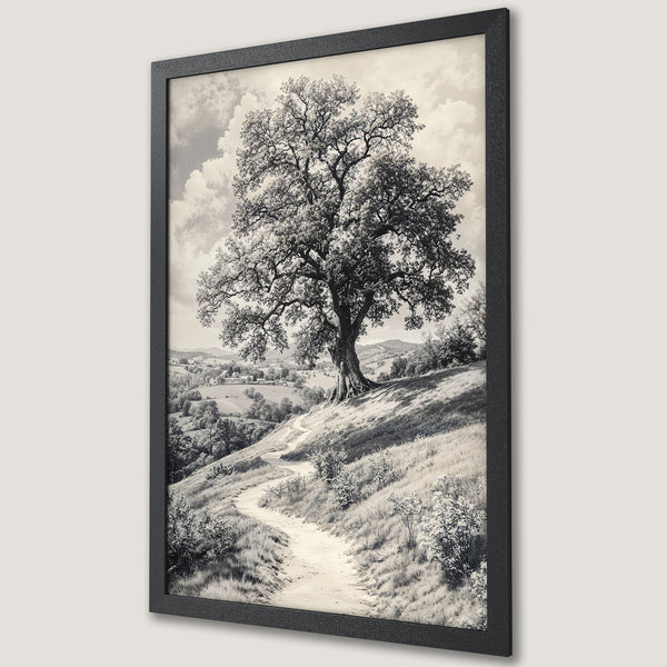 Framed Poster featuring a majestic tree on a hillside. Vintage style, monochrome color palette. Perfect for home decor.