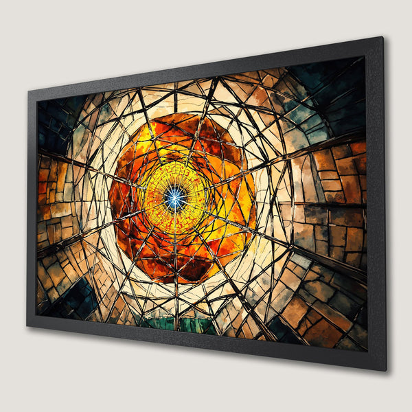 Framed Poster featuring an abstract geometric design in warm orange, yellow, and brown tones. Perfect art for any space!