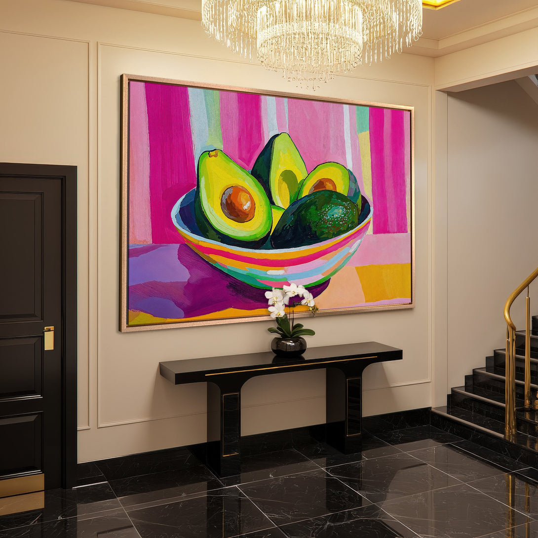 Framed Wall Art: Vibrant avocado painting in a modern interior. Bold pink, green, and yellow color palette. Elevate your space with this unique art piece!