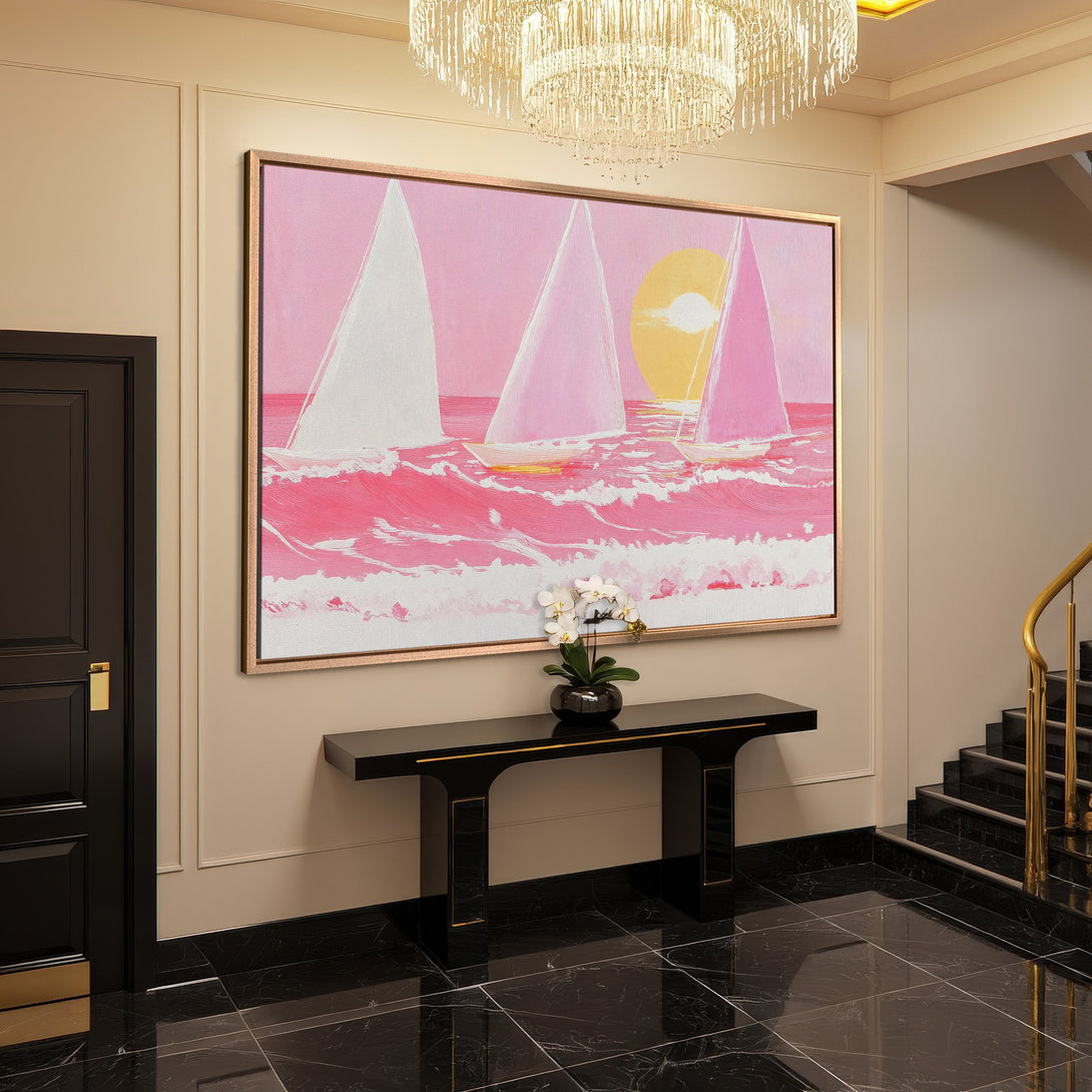 Framed Wall Art featuring sailboats on pink waves. Modern painting with a vibrant pink and yellow color palette. Perfect for adding a pop of color to your home.