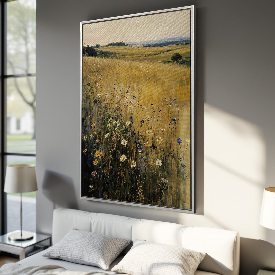 Framed Wall Art: Impressionistic landscape Canvas Print with wildflowers. Warm yellow, green, and blue color palette. Perfect for adding a touch of nature to your space.