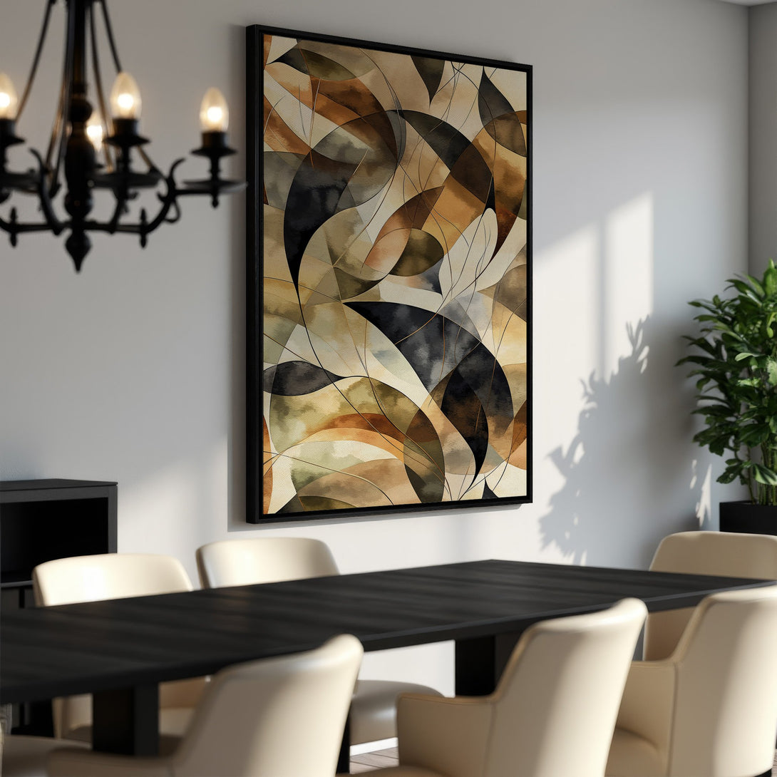 Framed Wall Art featuring an abstract design in warm earth tones. Enhance your dining room with this stylish, modern Canvas Print!