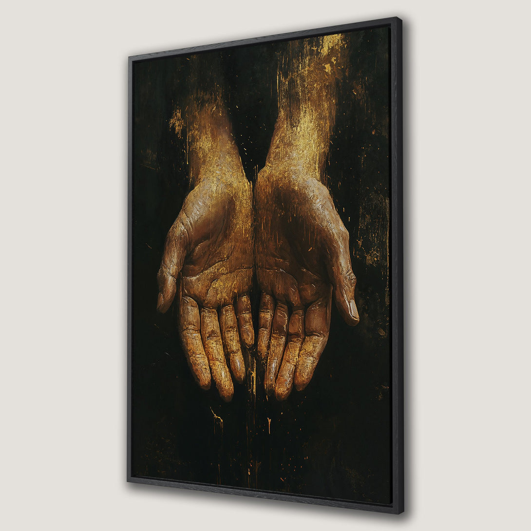 Framed Wall Art featuring a dramatic painting of hands in warm gold and brown tones against a dark background. Perfect for adding artistic flair.