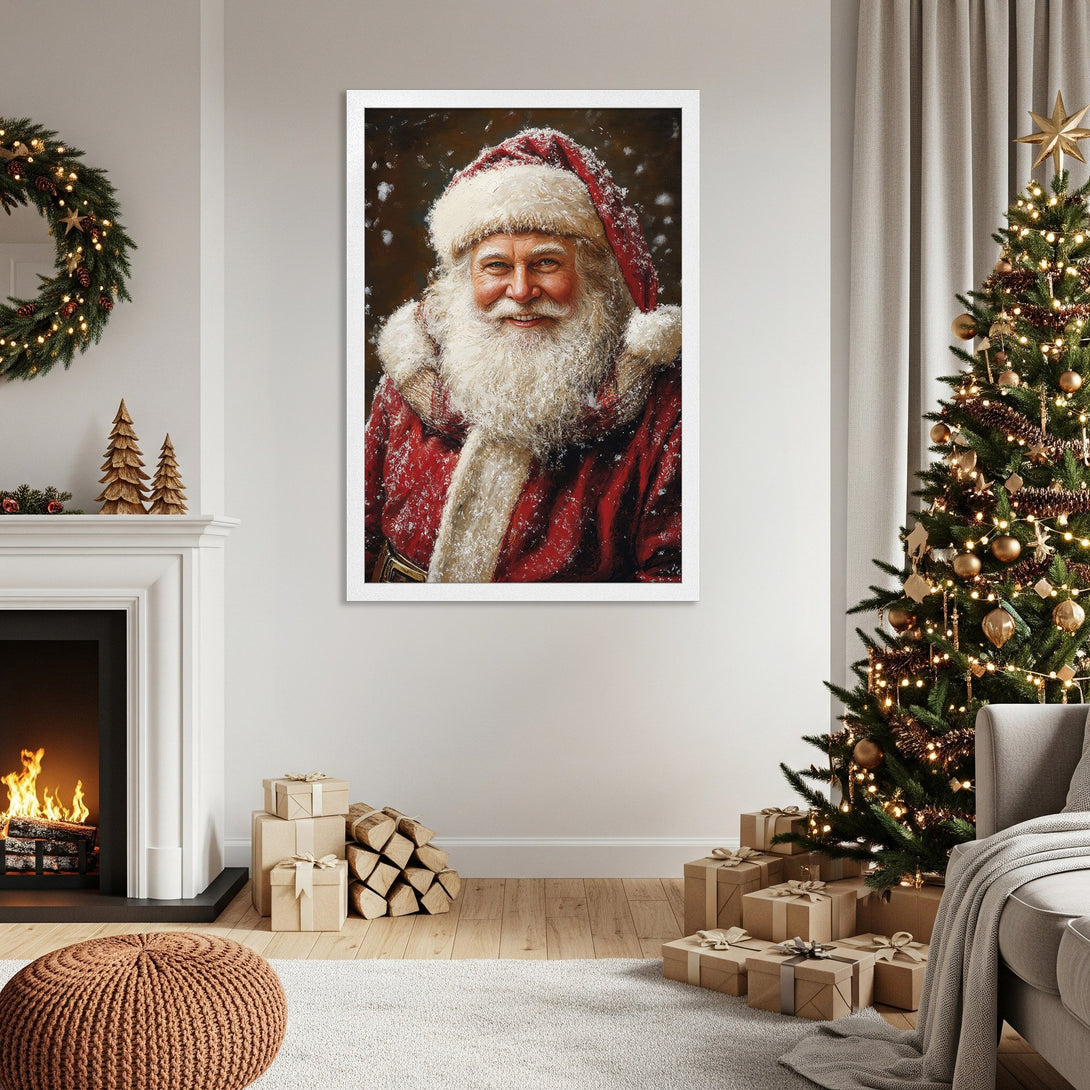 Framed Poster featuring Santa Claus portrait in a warm, festive style with red and white color palette, perfect for holiday decor.