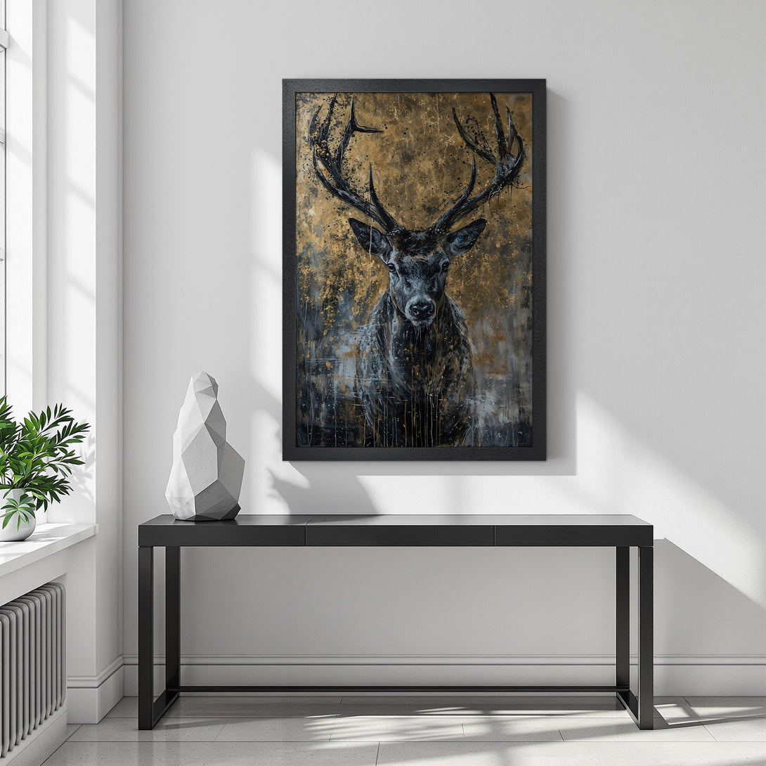 Framed Poster featuring a majestic stag in a gold and black abstract style. Elevate your space with this stunning art print.