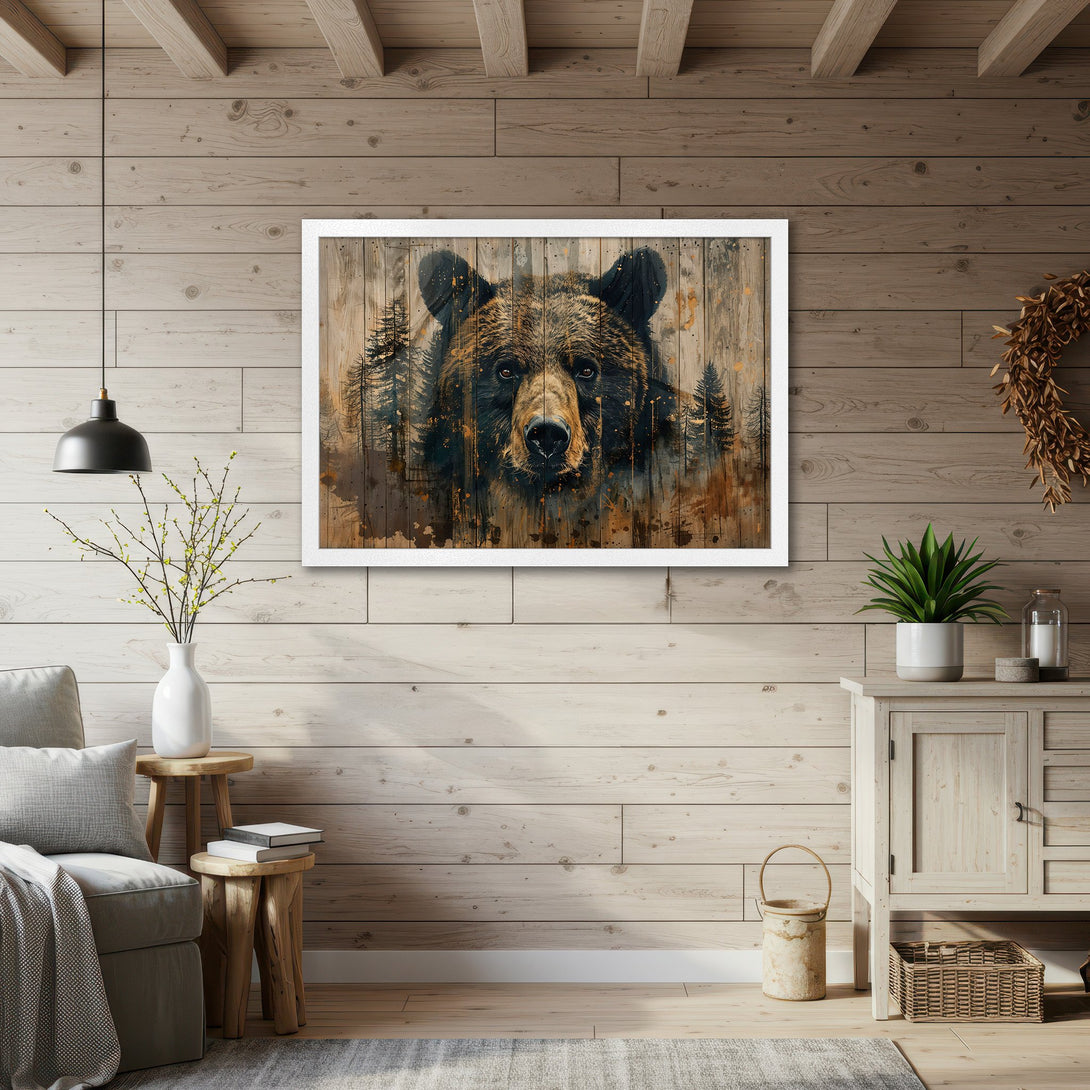 Framed Poster featuring a majestic bear in a rustic, watercolor style, with a warm brown and forest green color palette. Perfect for cabin decor!