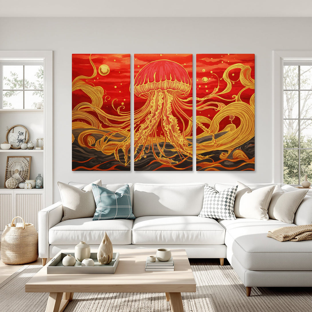 Stunning Canvas Print of a jellyfish in a vibrant red and gold color palette. Modern art for your home!