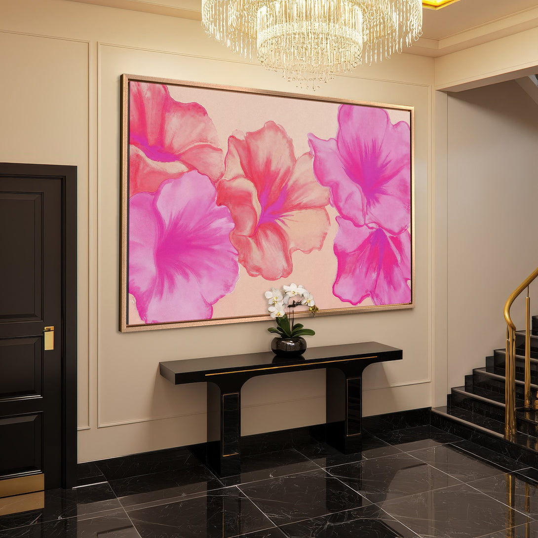Framed Wall Art: Large floral Canvas Print in pink and peach tones. Modern art for a stylish interior, adding a pop of color and elegance.