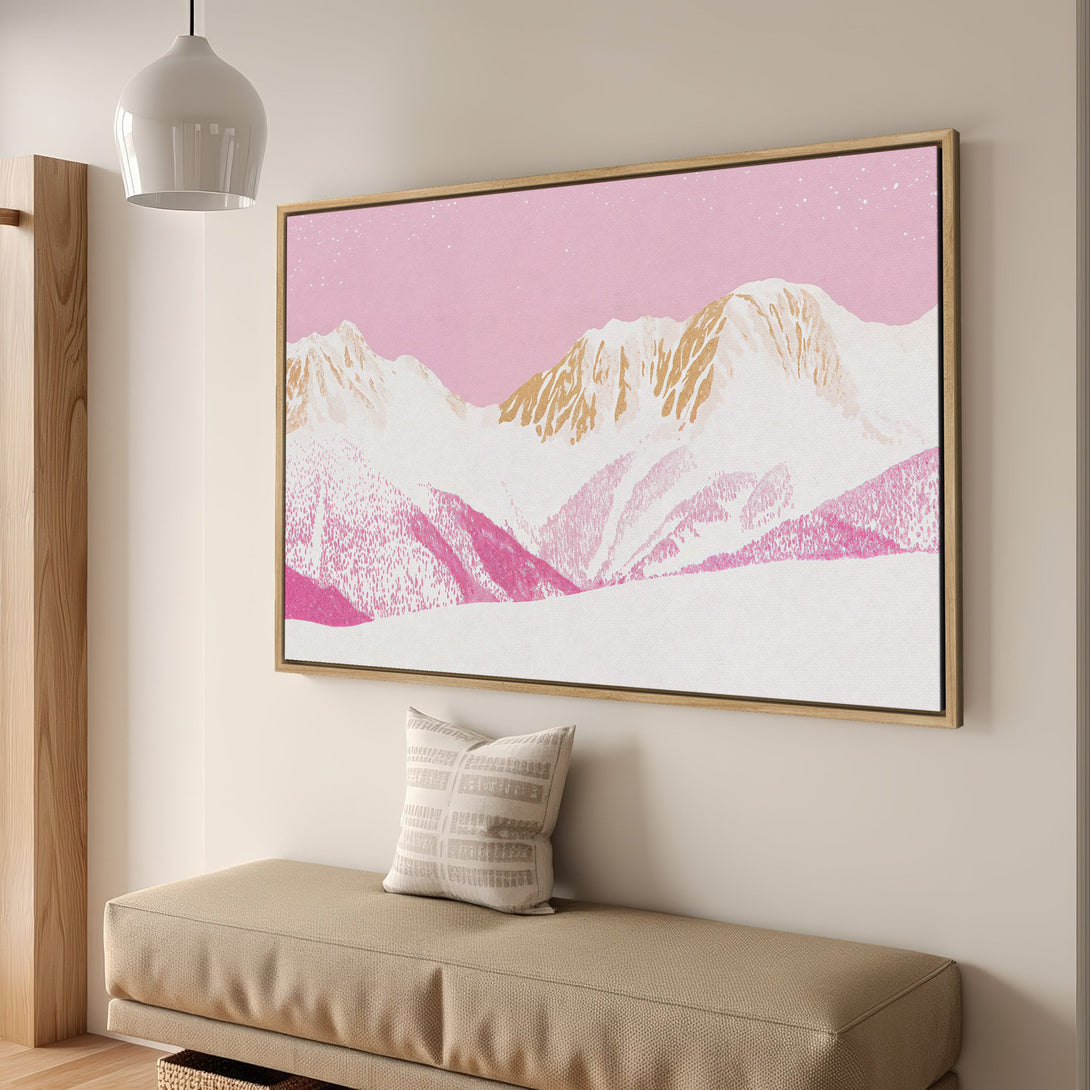 Framed Wall Art featuring a pink and gold mountain landscape. Modern art Canvas Print adds a pop of color to any interior. Shop now!