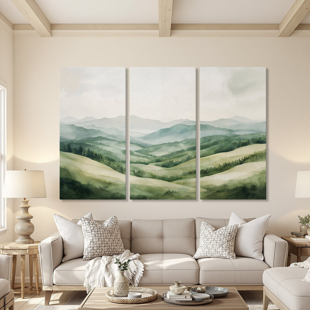 Canvas Print of a serene watercolor landscape in green and blue hues, displayed in a cozy living room. Perfect wall art for a calming space.