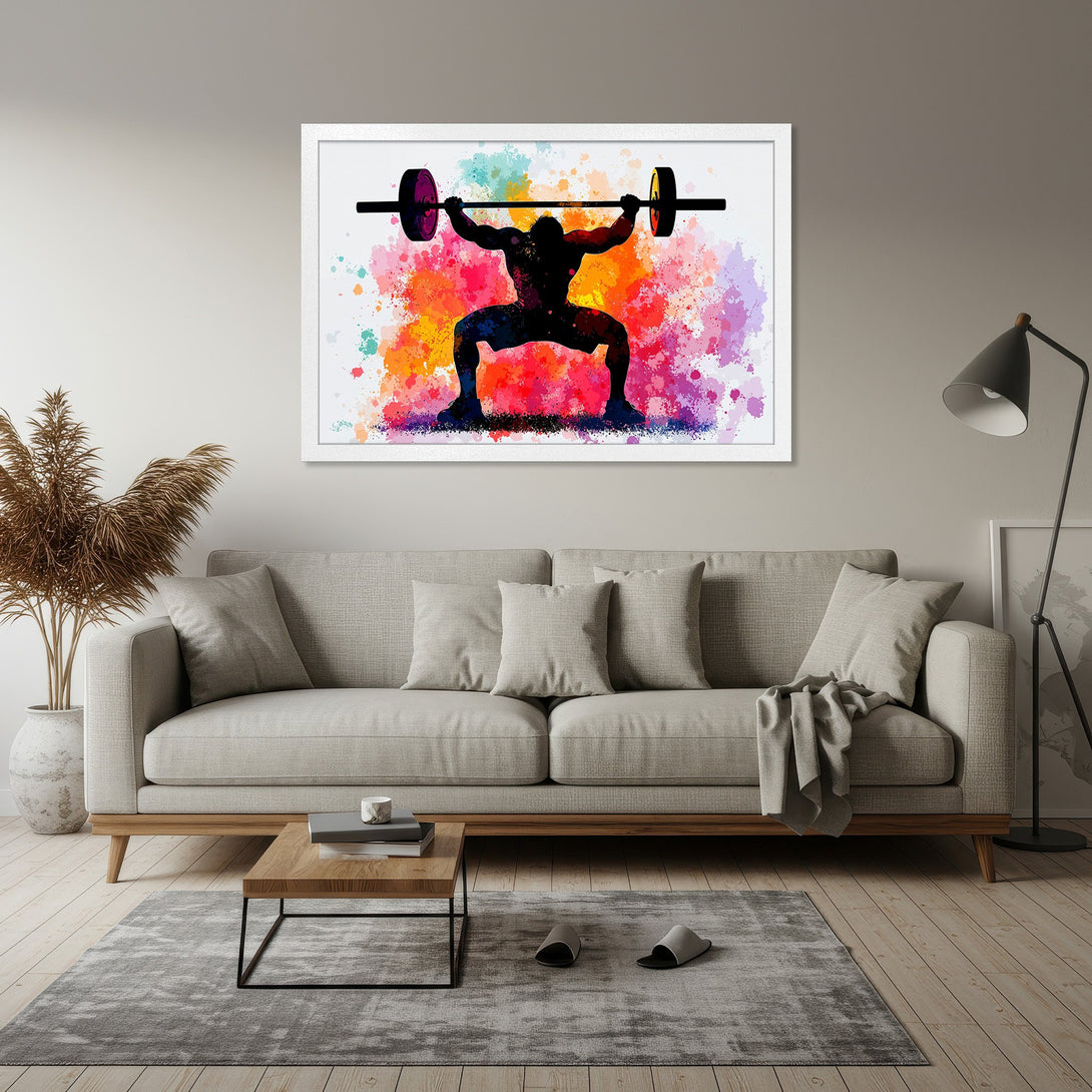 Framed Poster featuring a weightlifter silhouette with colorful watercolor splash art. Perfect wall art for fitness enthusiasts!