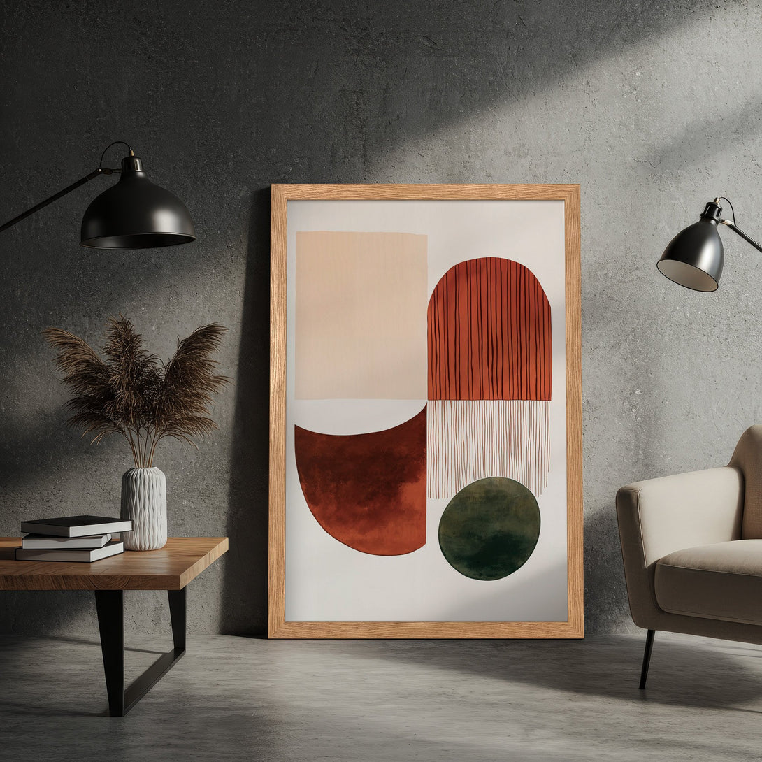 Framed Poster featuring abstract geometric art in warm earth tones. Modern wall decor for any space.