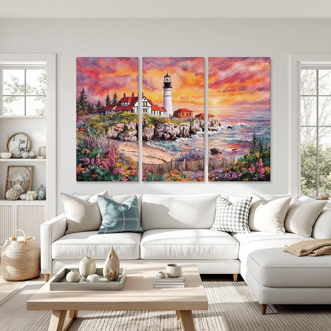Canvas Print of a coastal lighthouse painting in vibrant sunset colors. Adds warmth and style to any living room.