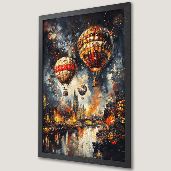 Framed Poster featuring hot air balloons over a city, in an impressionistic style with warm, fiery color palette. Perfect wall art!