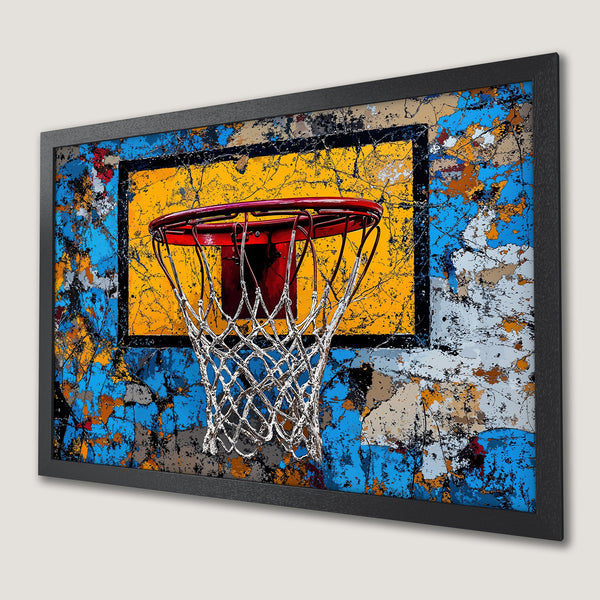 Framed Poster featuring a basketball hoop in an abstract style with a vibrant blue, yellow, and red color palette.