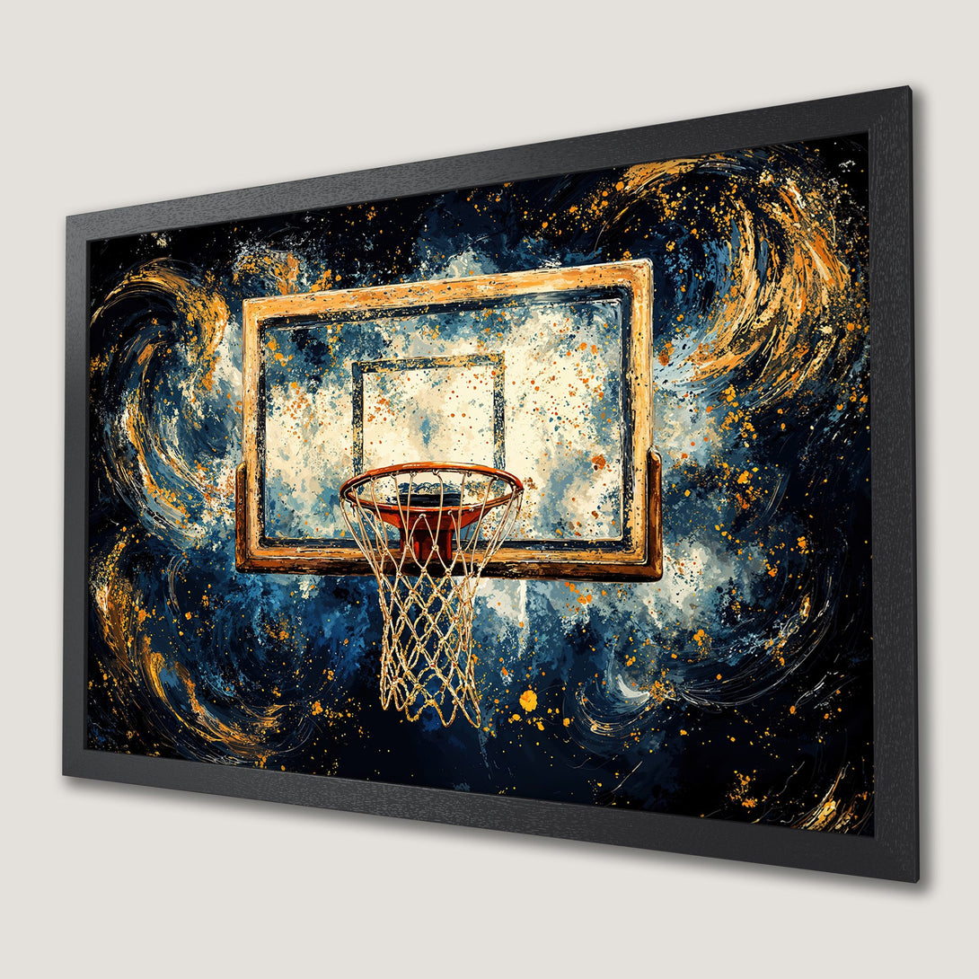 Framed Poster: Abstract basketball art in blue, gold, and black. Modern wall decor, perfect for sports fans. Elevate your space with this stylish print.