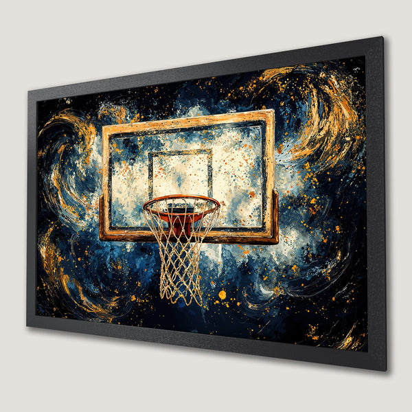 Framed Poster: Abstract basketball art in blue, gold, and black. Modern wall decor, perfect for sports fans. Elevate your space with this stylish print.