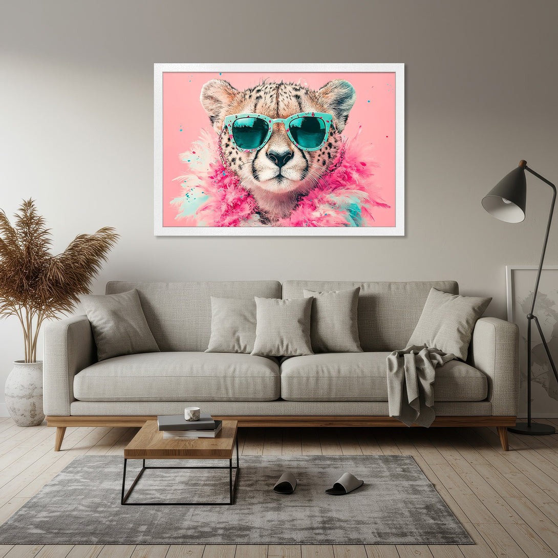 Framed Poster featuring a cheetah wearing sunglasses, pop art style, pink & teal color palette. Add a touch of fun to your space!