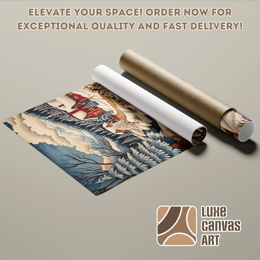Winter landscape Poster Roll art print, featuring a cabin, trees, and a blue and neutral color palette.