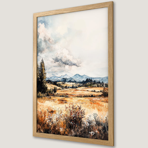 Framed Poster of a watercolor landscape with mountains, fields, and a warm color palette. Perfect art for your home!
