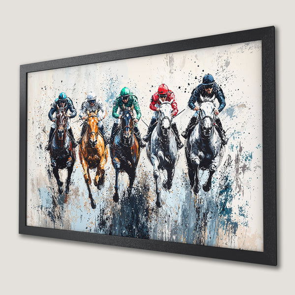 Framed Poster of horse race art in abstract style with blue, black, and beige color palette. A perfect wall decor.
