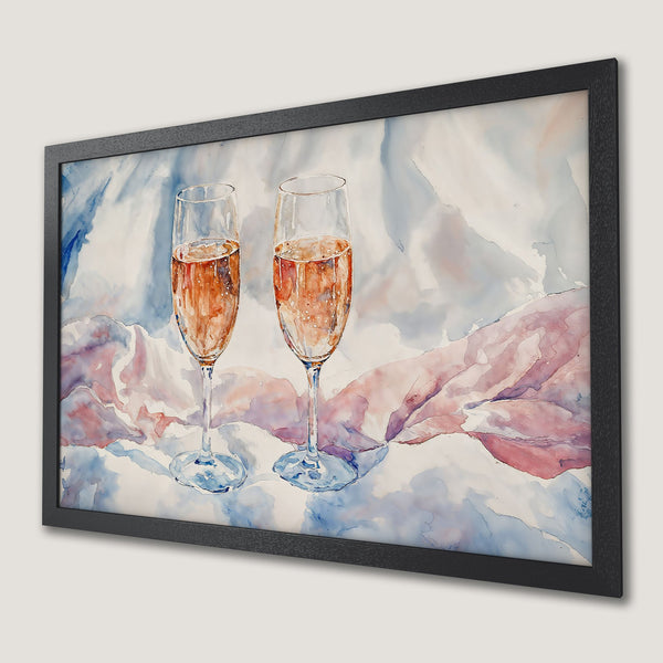 Framed Poster featuring watercolor champagne glasses, soft pink & blue tones, perfect for elegant decor.