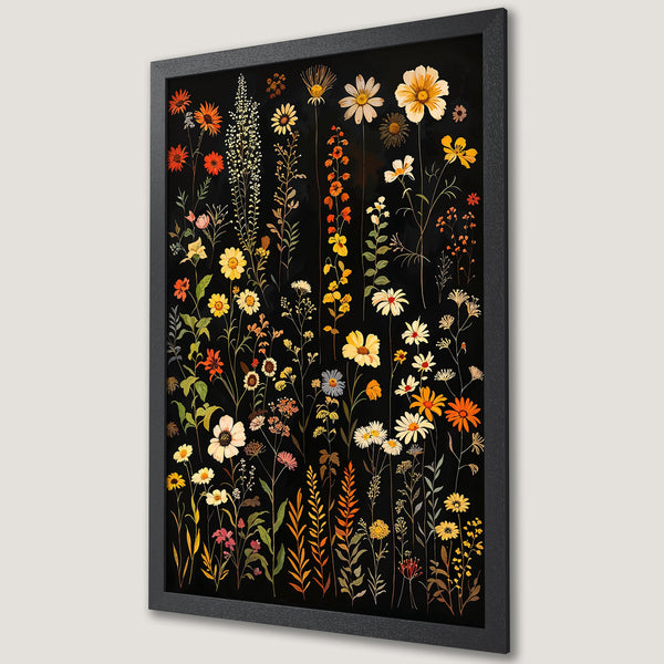Framed Poster featuring botanical illustration of wildflowers in yellow, orange, and white against a black background. Perfect wall art!