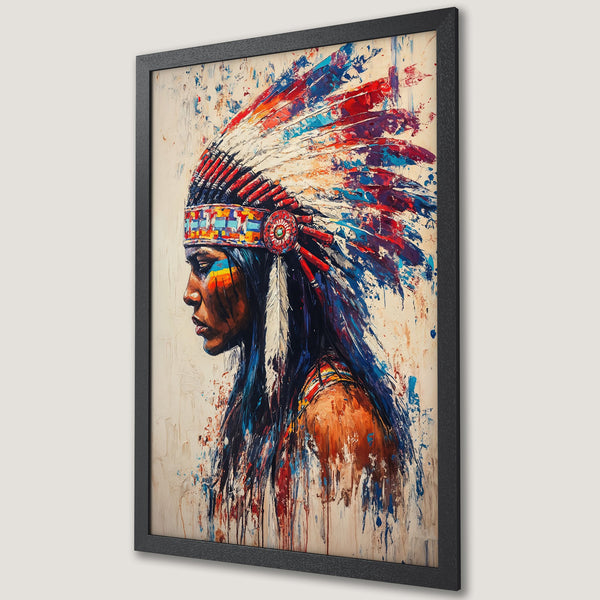 Framed Poster of Native American woman in colorful headdress, abstract style, red, blue, and earth tones.