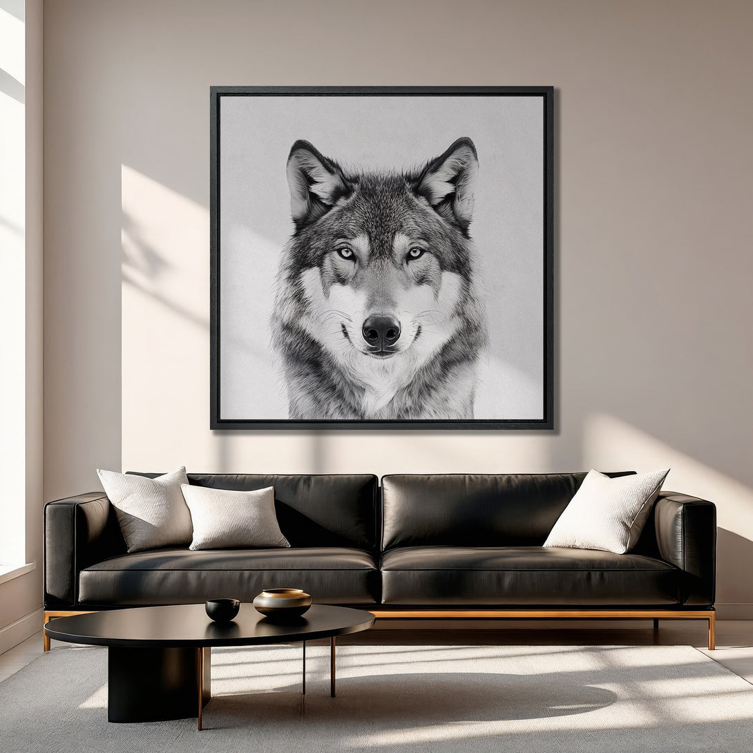 Framed Wall Art: Stunning black and white wolf portrait Canvas Print. Modern, minimalist style with neutral color palette, perfect for any living room.