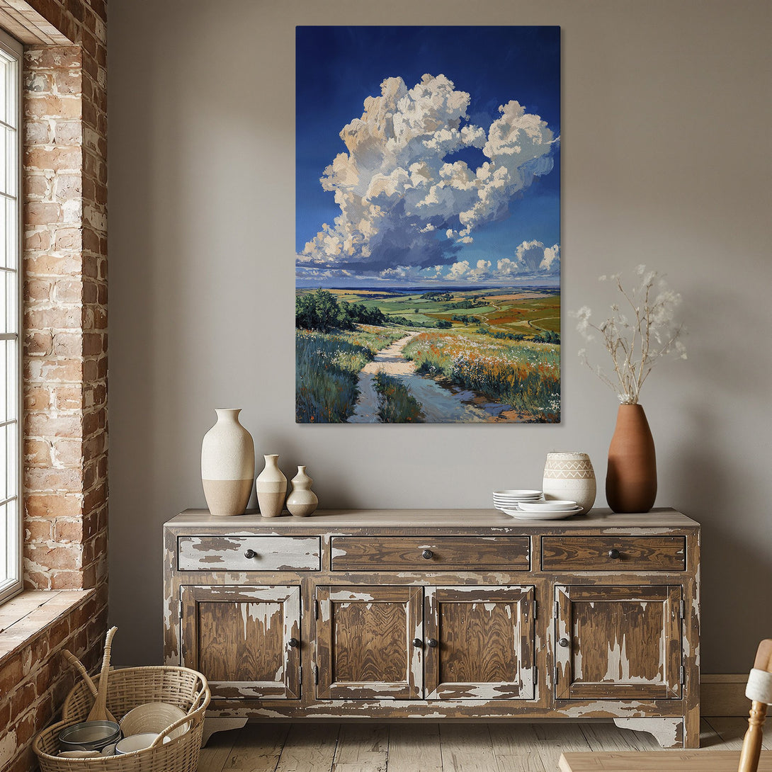 Framed Wall Art of a vibrant landscape with a cloudy sky. Impressionistic style with blue, green, and yellow hues. Adds a touch of nature to any space.