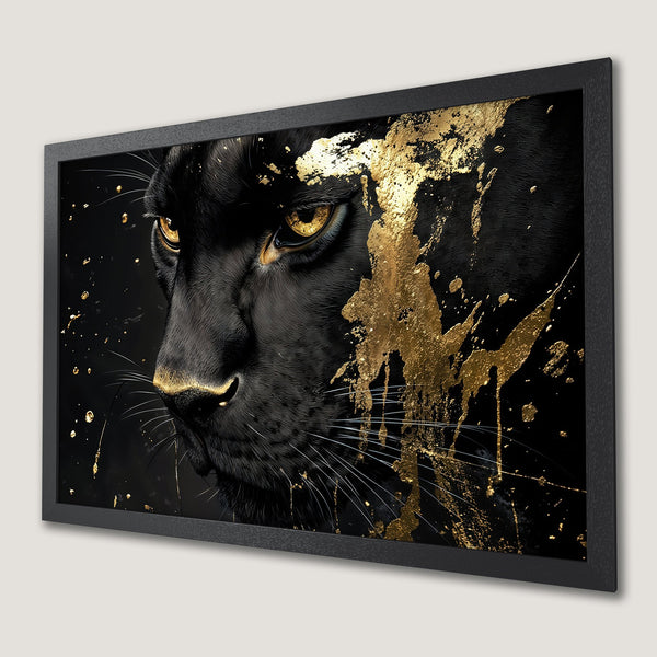 Framed Poster featuring a black panther with gold accents. Modern art style, striking black and gold color palette.
