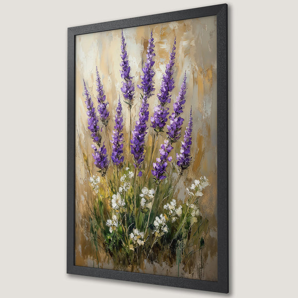 Framed Poster featuring a lavender flower painting with an impressionistic style and a warm, earthy color palette. Perfect wall art!