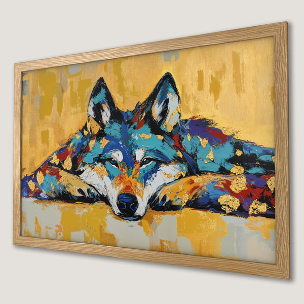 Framed Poster featuring a colorful wolf painting in an abstract style with a gold and blue color palette. Add art to your space!