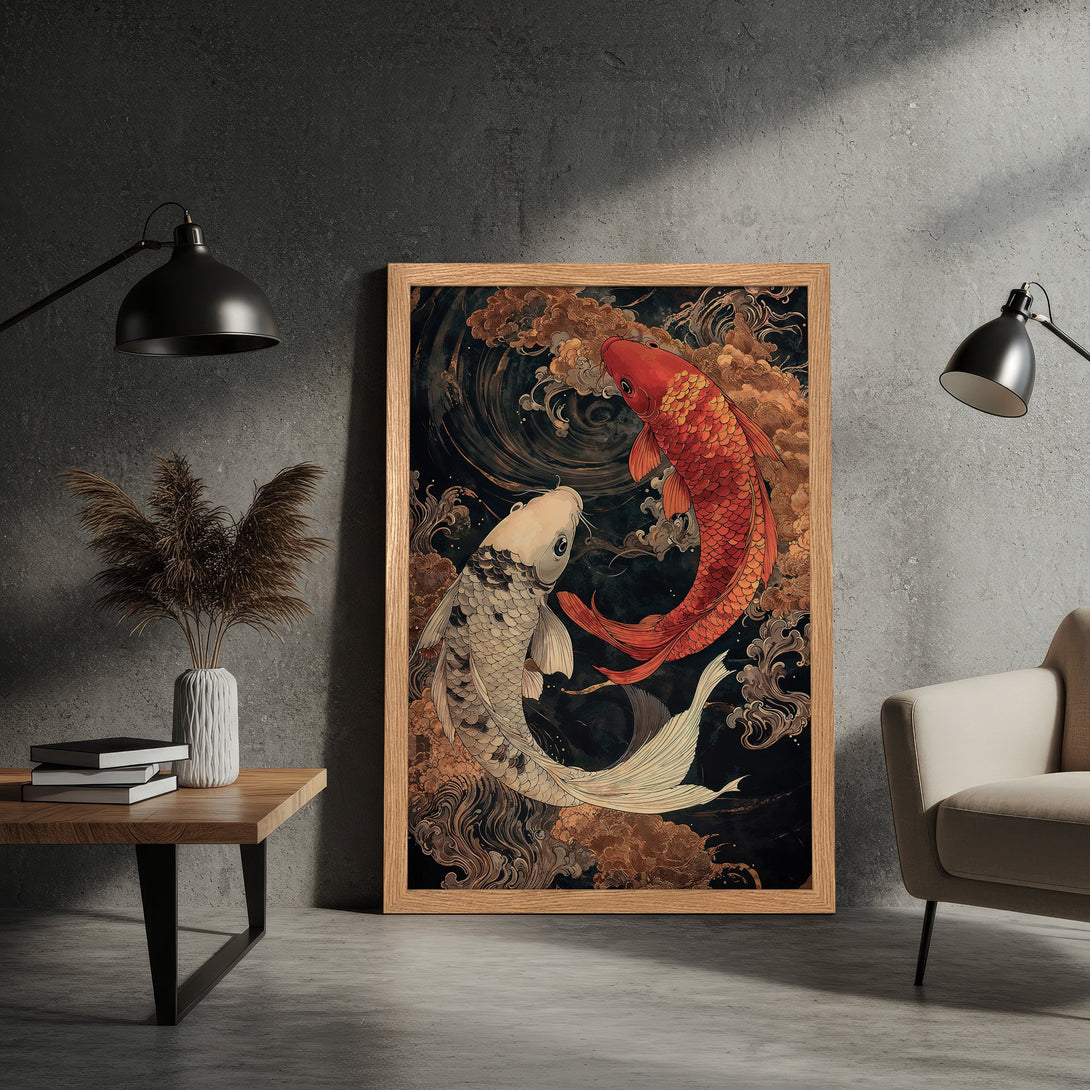 Framed Poster featuring koi fish art in a Japanese style with a black, red, and gold color palette. Perfect wall decor!